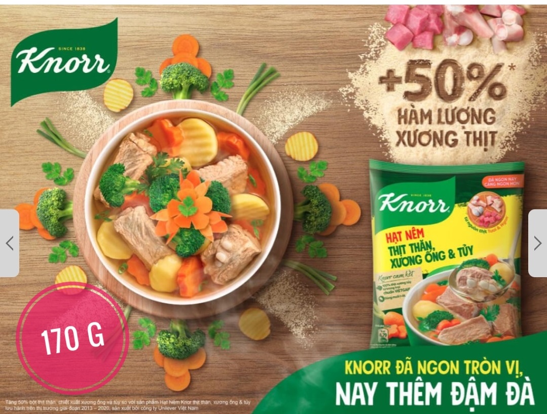 Hạt Nêm Thịt thăn, Xương ống, Tủy KNORR gói 170g Thùng 32 gói